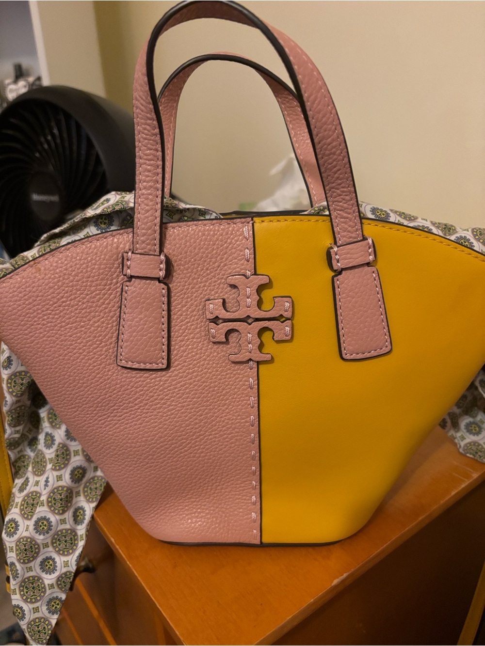 Tory Burch Pink and Yellow Colorblock Leather Satchel